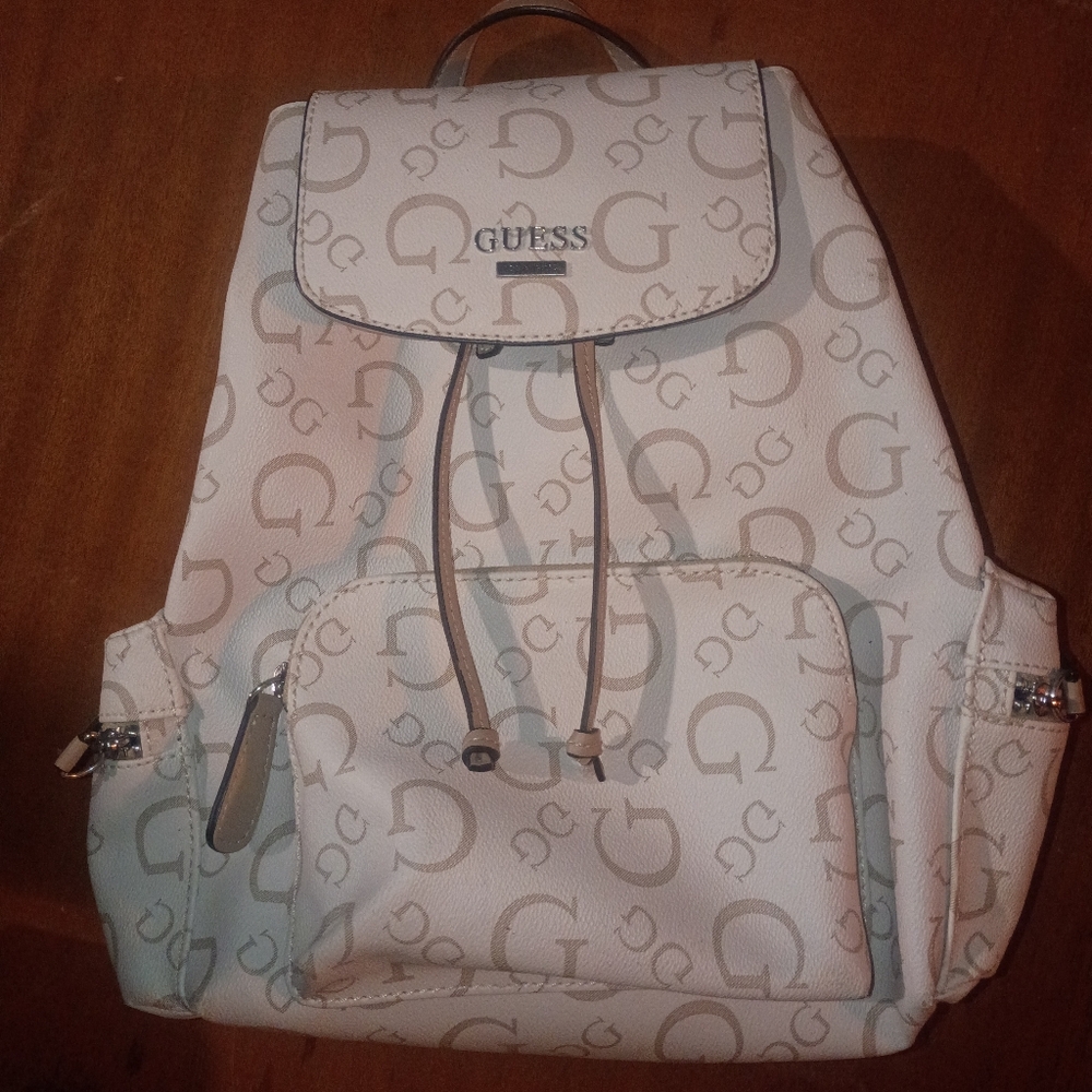 GUESS Beige Monogram Drawstring Backpack
